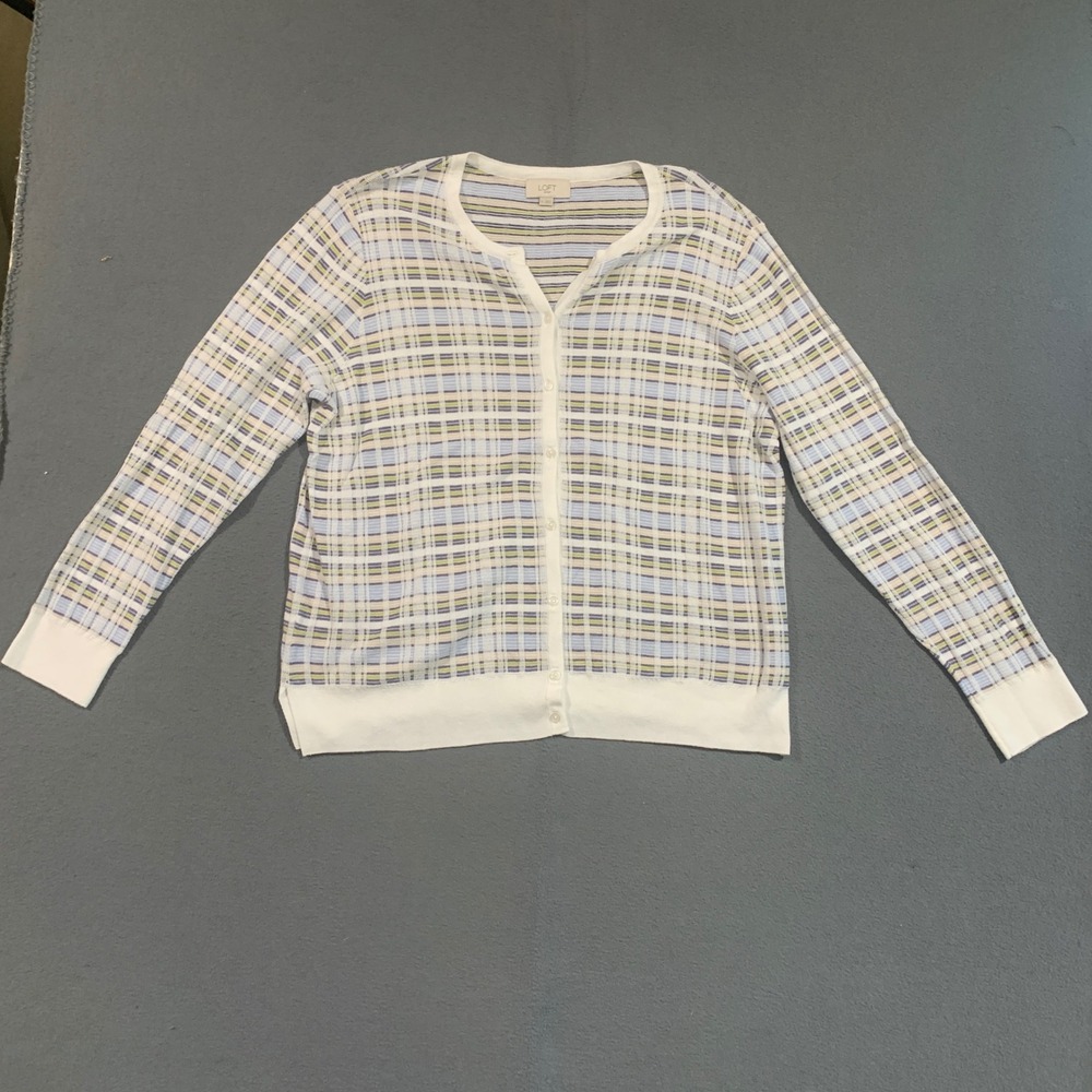 LOFT Outlet Womens XL Cardigan Sweater Plaid Blue Yellow White‎ Cotton Picnic